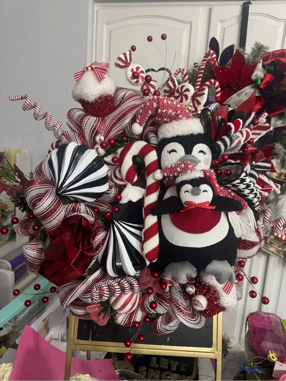 Festive Penguin Holiday Wreath in Red, White & Black